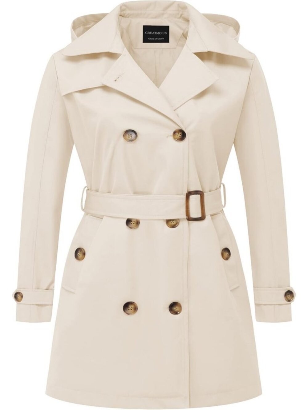 Plus Size Double-Breasted Trench Coat with Detachable Hood & Belted Style